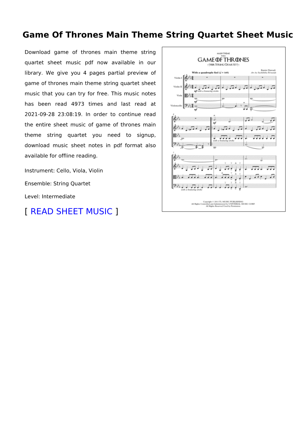 Game of Thrones Main Theme String Quartet Sheet Music