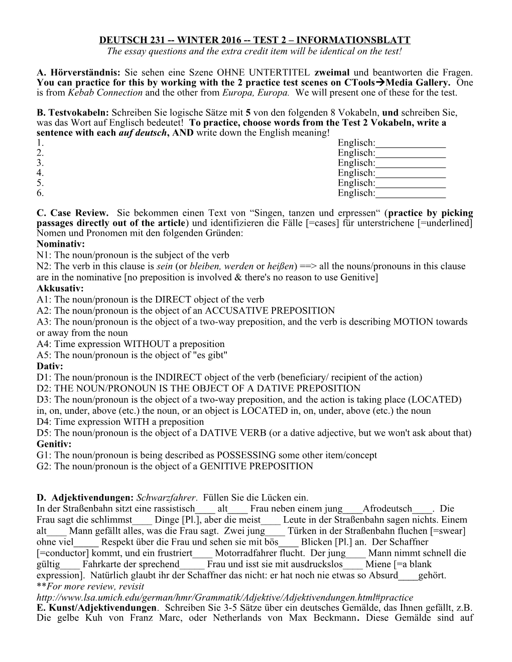 Deutsch 231 Winter 2016 Test 2 Informationsblatt