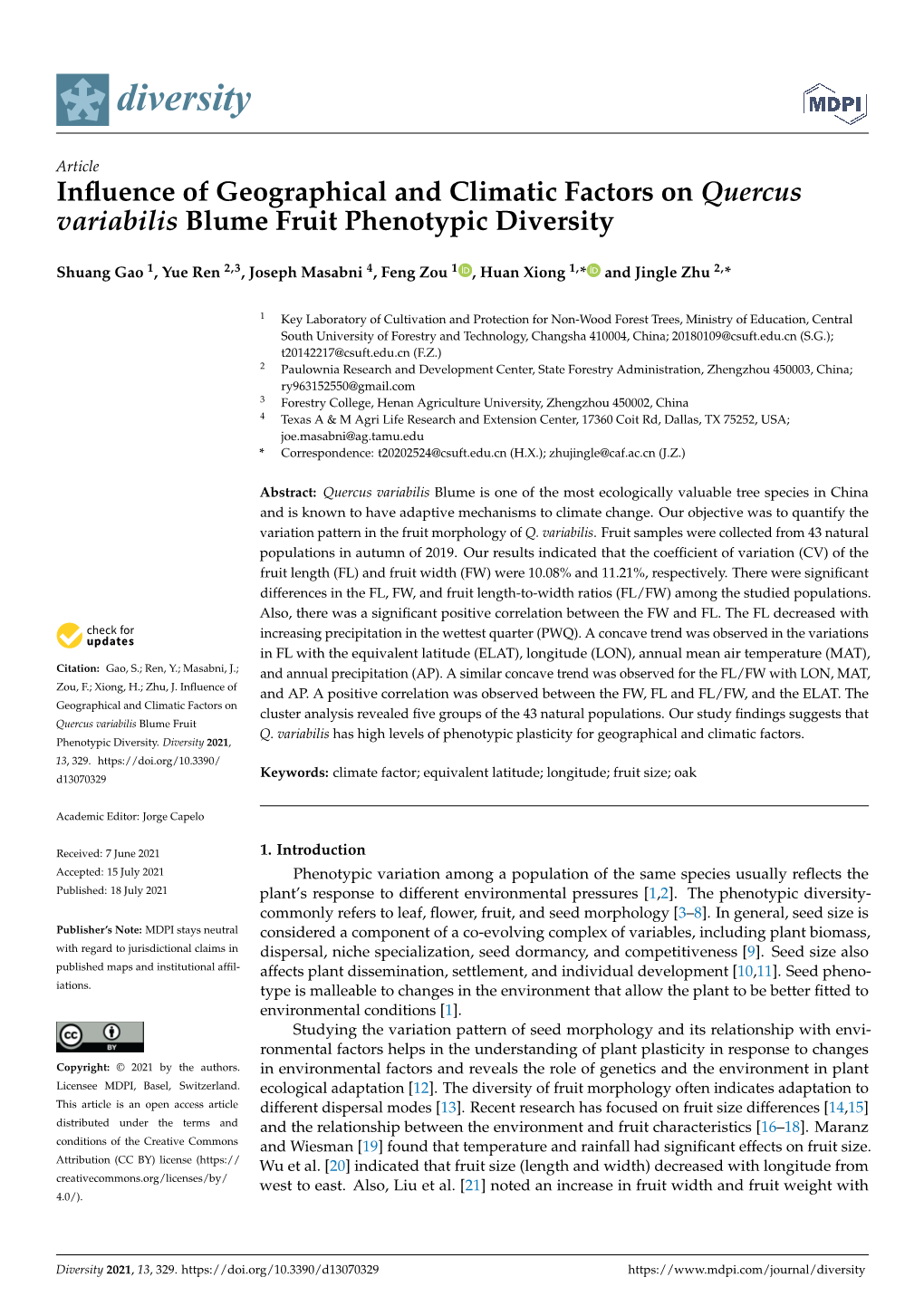 Influence of Geographical and Climatic Factors on Quercus Variabilis Blume Fruit Phenotypic Diversity