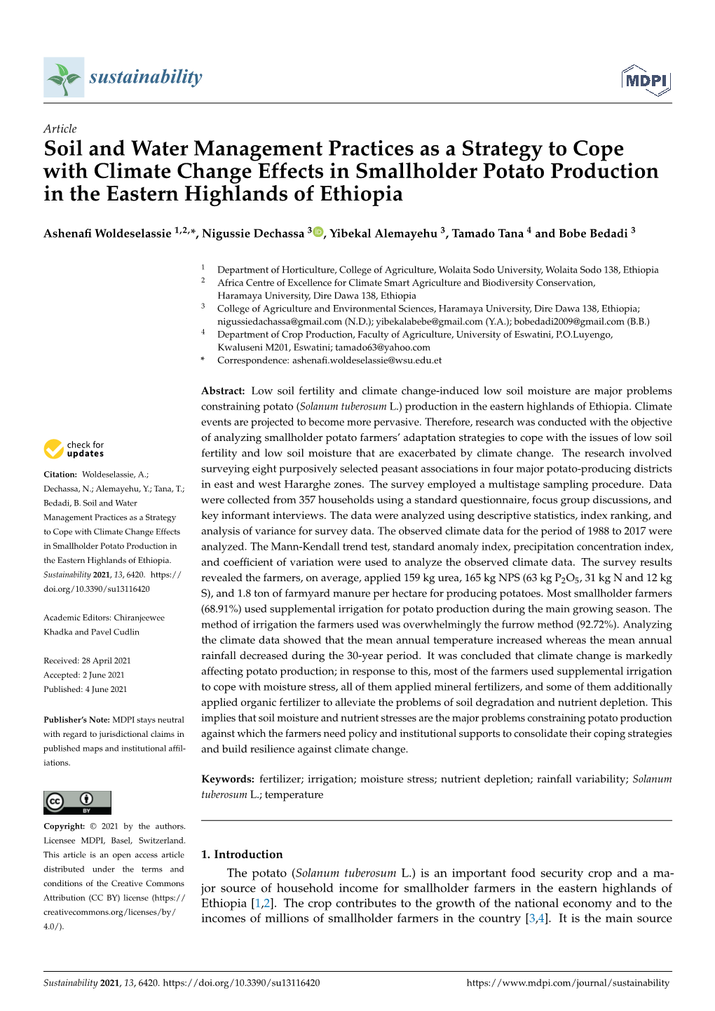 Soil and Water Management Practices As a Strategy to Cope with Climate Change Effects in Smallholder Potato Production in the Eastern Highlands of Ethiopia