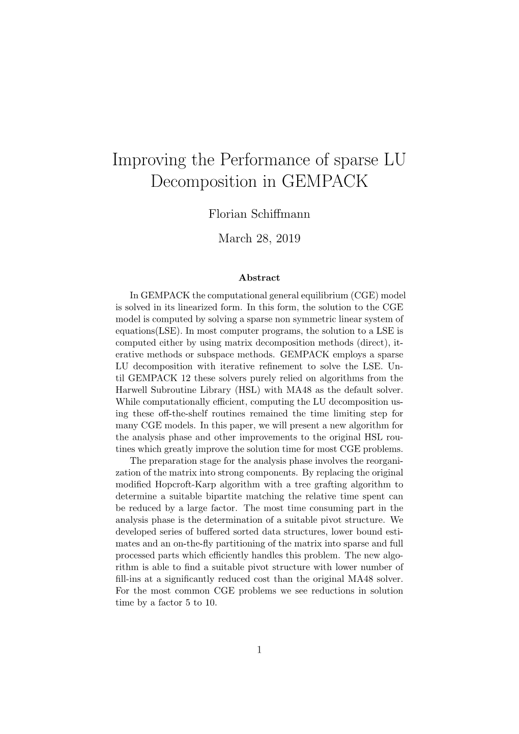 Improving the Performance of Sparse LU Decomposition in GEMPACK