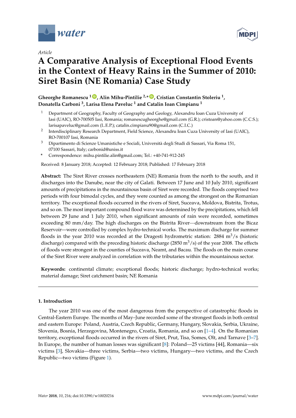 A Comparative Analysis of Exceptional Flood Events in the Context of Heavy Rains in the Summer of 2010: Siret Basin (NE Romania) Case Study