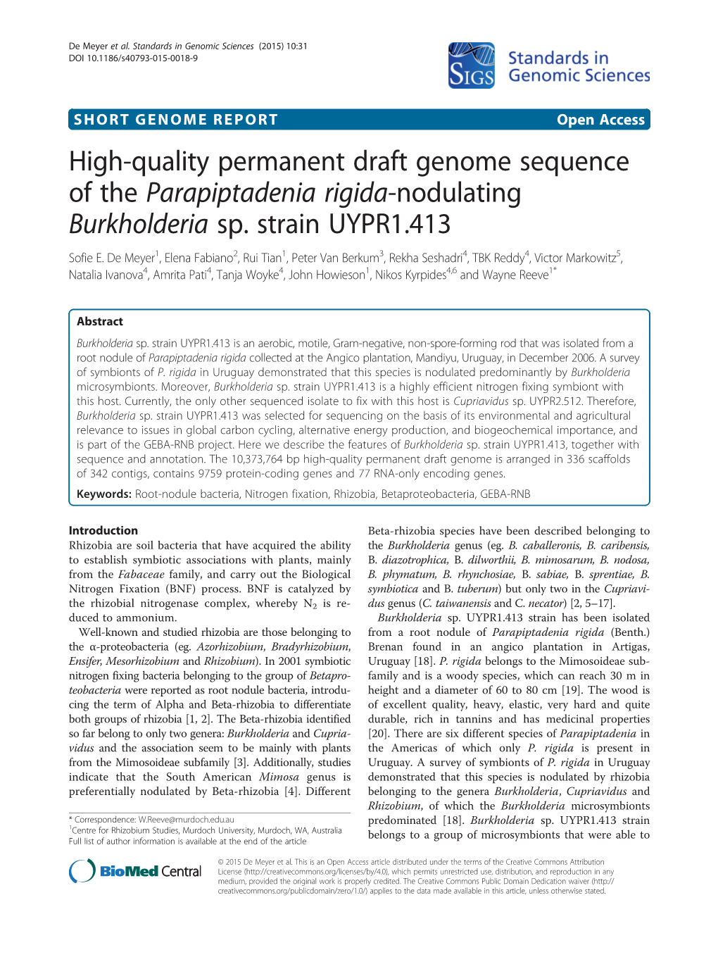 High-Quality Permanent Draft Genome Sequence of the Parapiptadenia Rigida-Nodulating Burkholderia Sp. Strain UYPR1.413 Sofie E