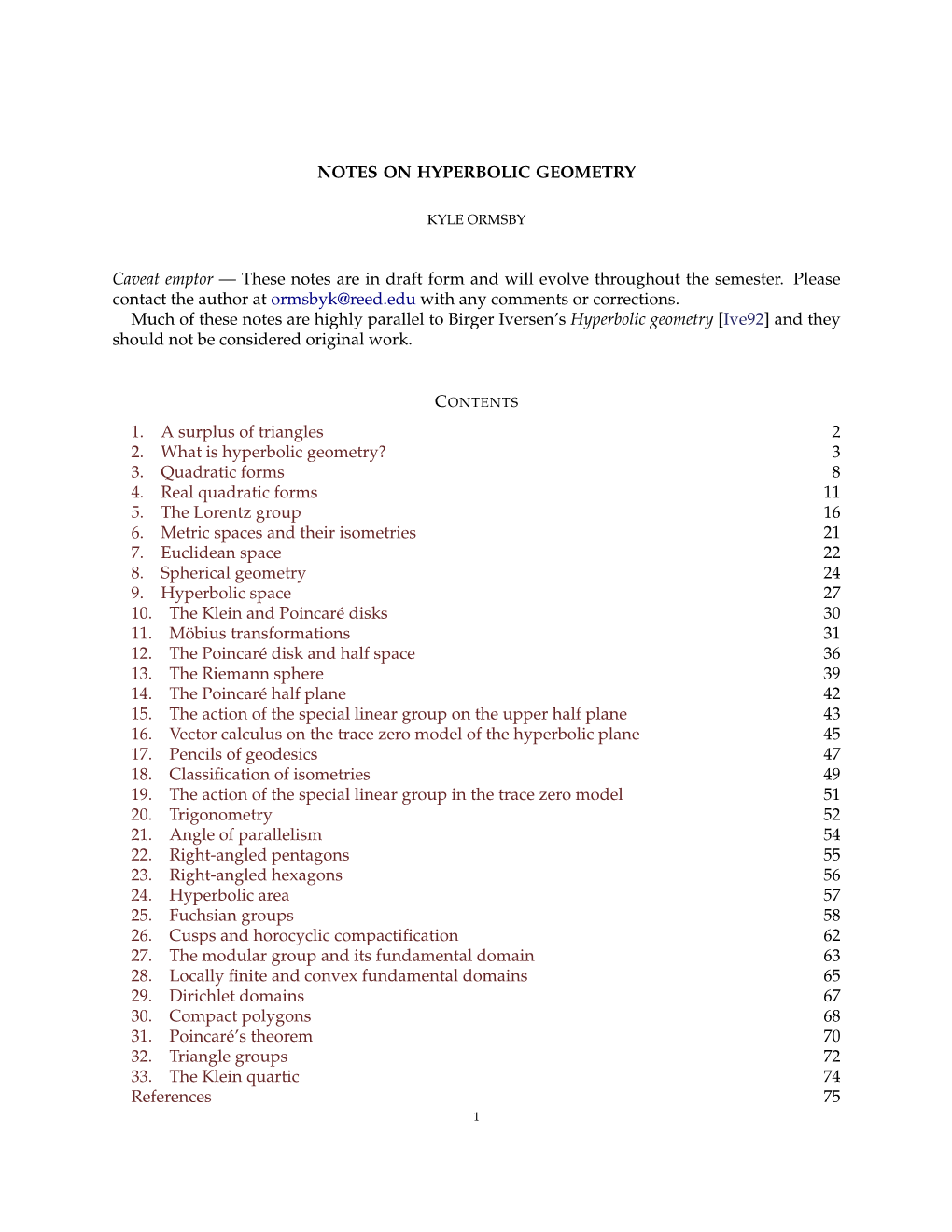 Notes on Hyperbolic Geometry