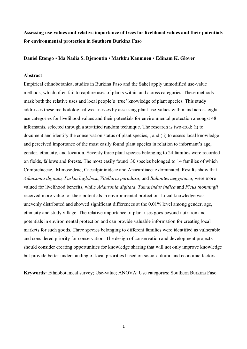 Assessing Use-Values and Relative Importance of Trees for Livelihood Values and Their Potentials for Environmental Protection in Southern Burkina Faso