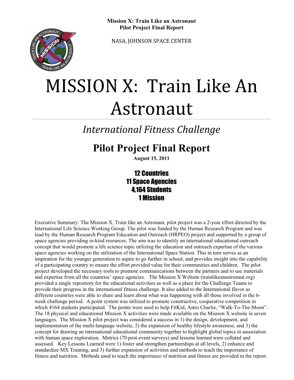 Mission X: Train Like an Astronaut Pilot Project Final Report