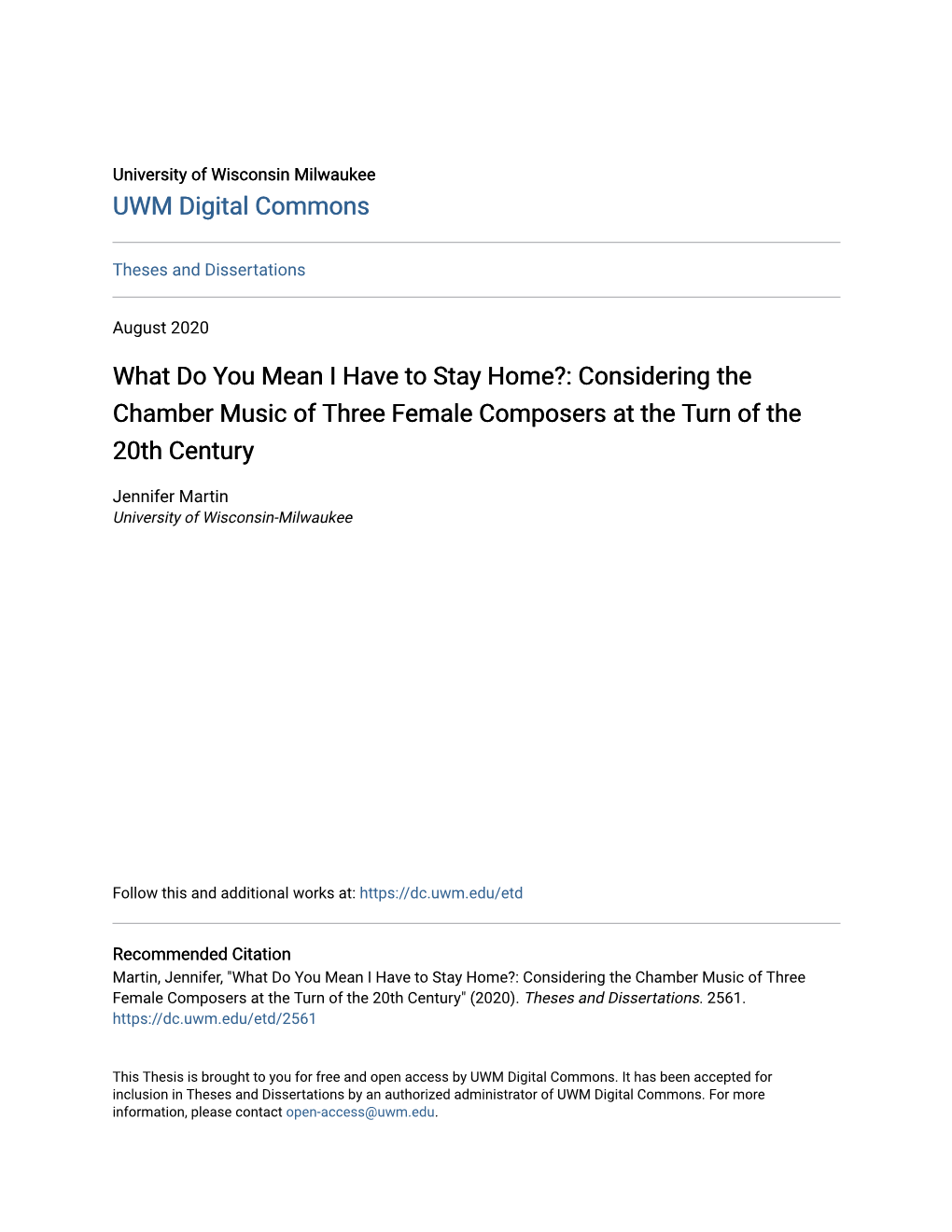 What Do You Mean I Have to Stay Home?: Considering the Chamber Music of Three Female Composers at the Turn of the 20Th Century