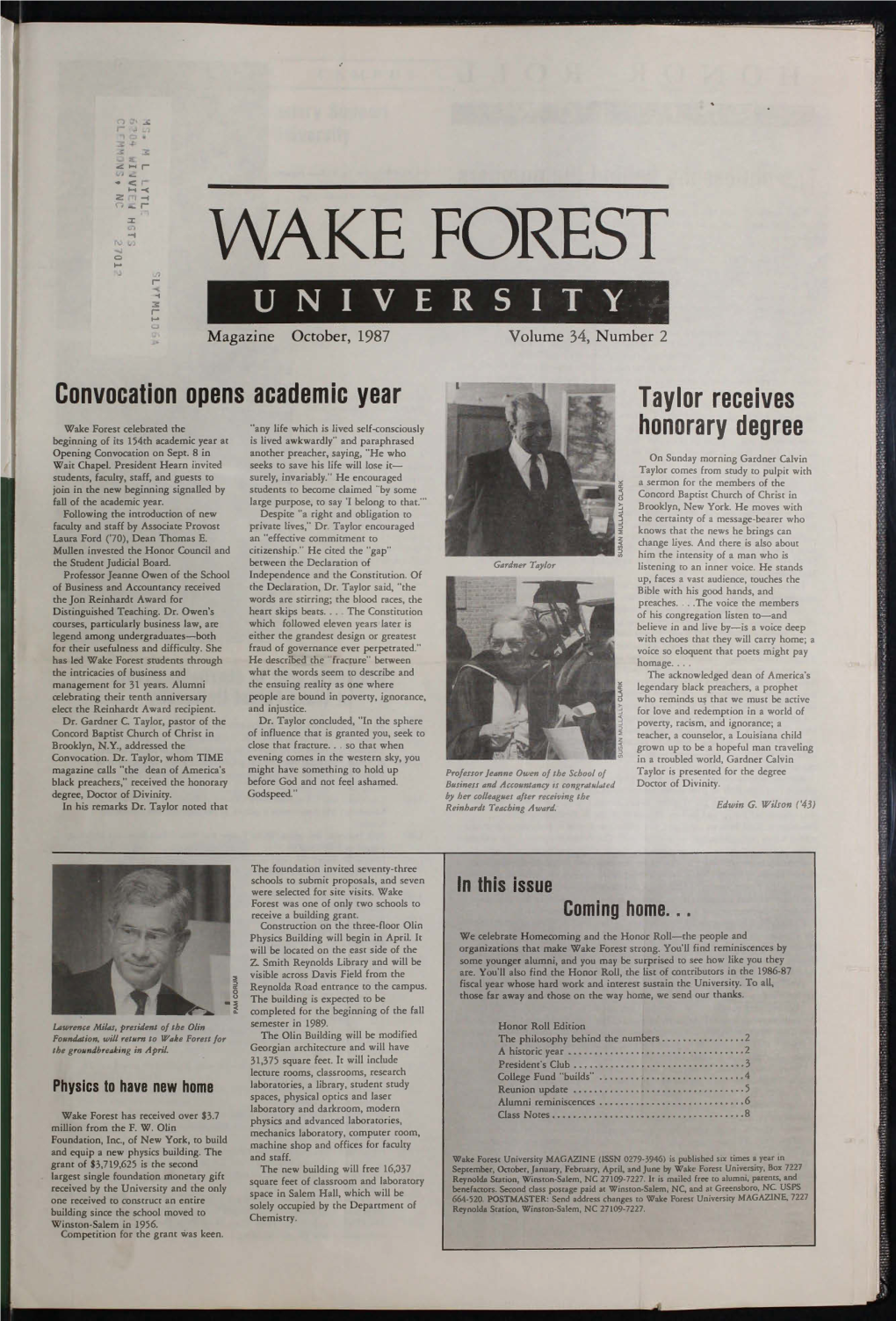 WAKE FOREST 0 R UNIVERSITY Magazi Ne October, 1987 Volume 34, Number 2