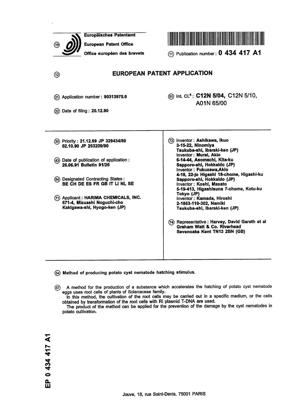 Method of Producing Potato Cyst Nematode Hatching Stimulus