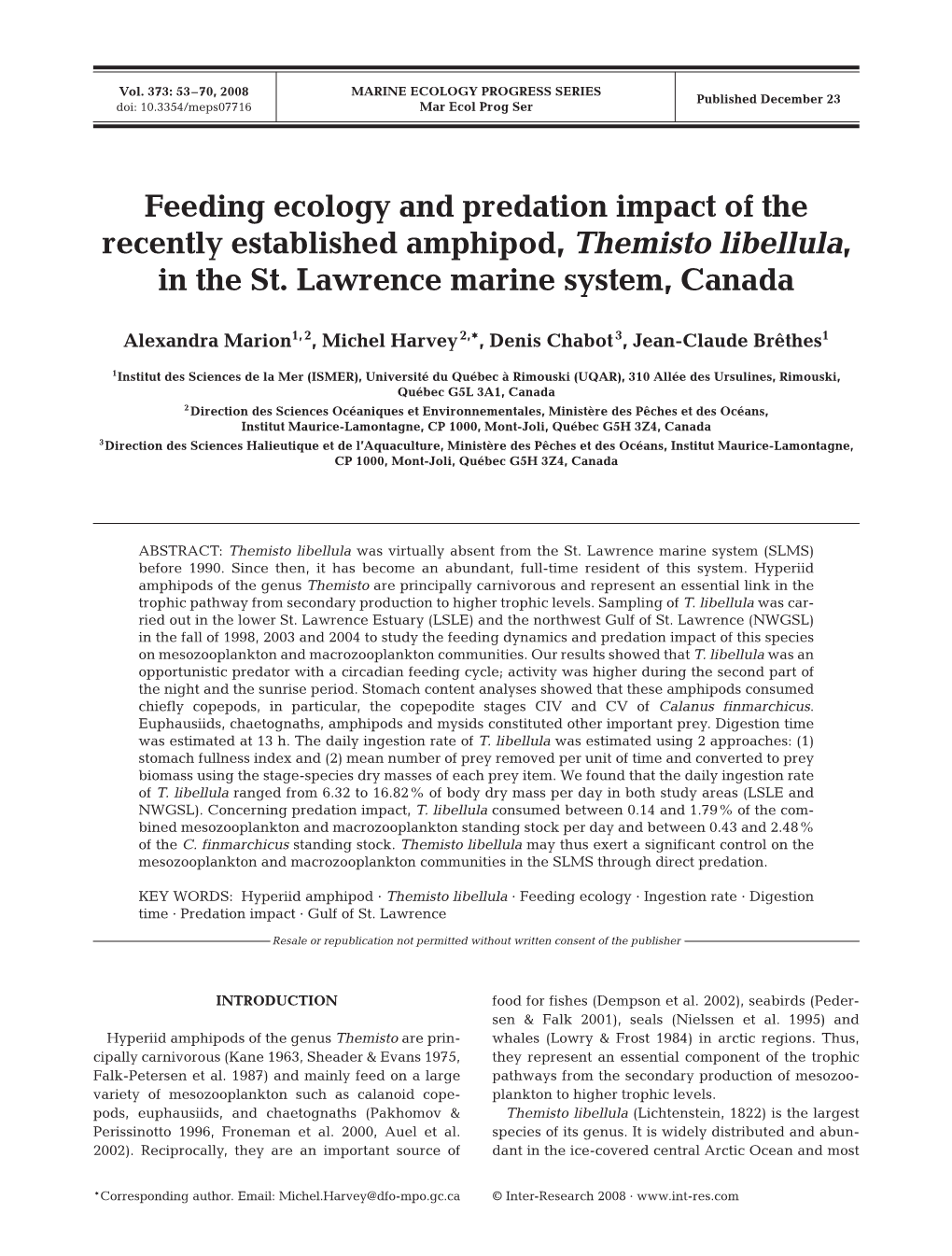 Feeding Ecology and Predation Impact of the Recently Established Amphipod, Themisto Libellula, in the St