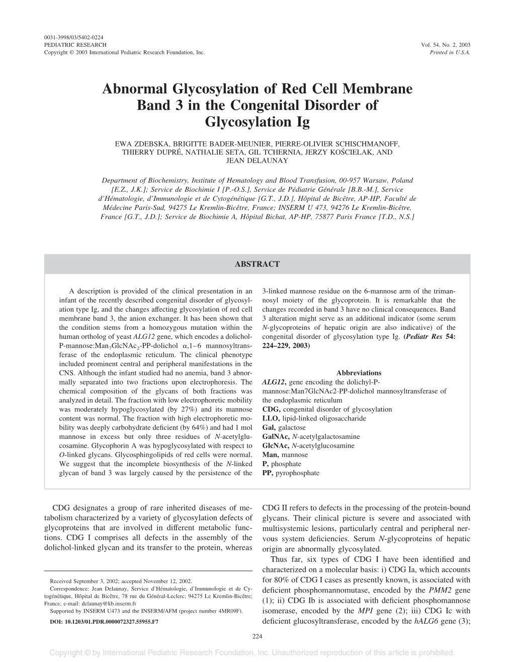 Abnormal Glycosylation of Red Cell Membrane Band 3 in the Congenital Disorder of Glycosylation Ig