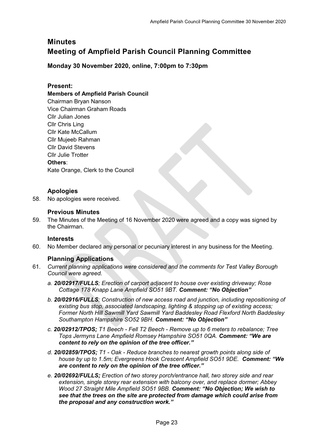 Minutes Meeting of Ampfield Parish Council Planning Committee