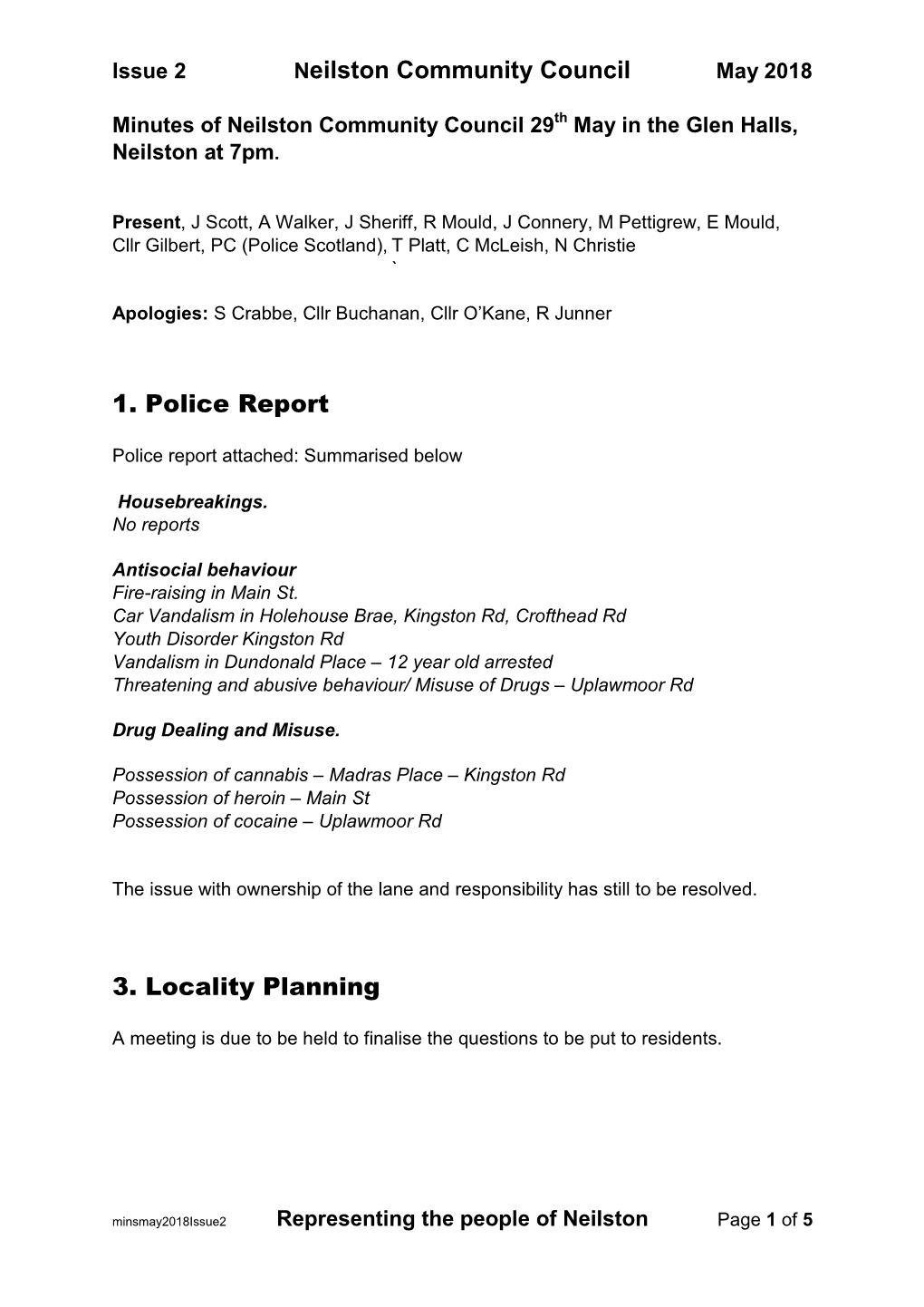 Neilston Community Council 1. Police Report 3. Locality Planning