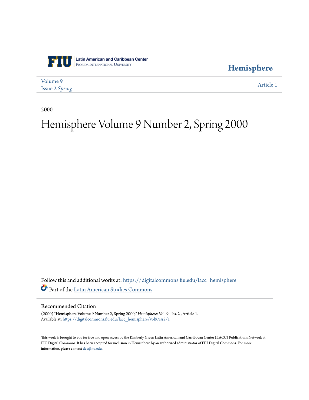 Hemisphere Volume 9 Number 2, Spring 2000