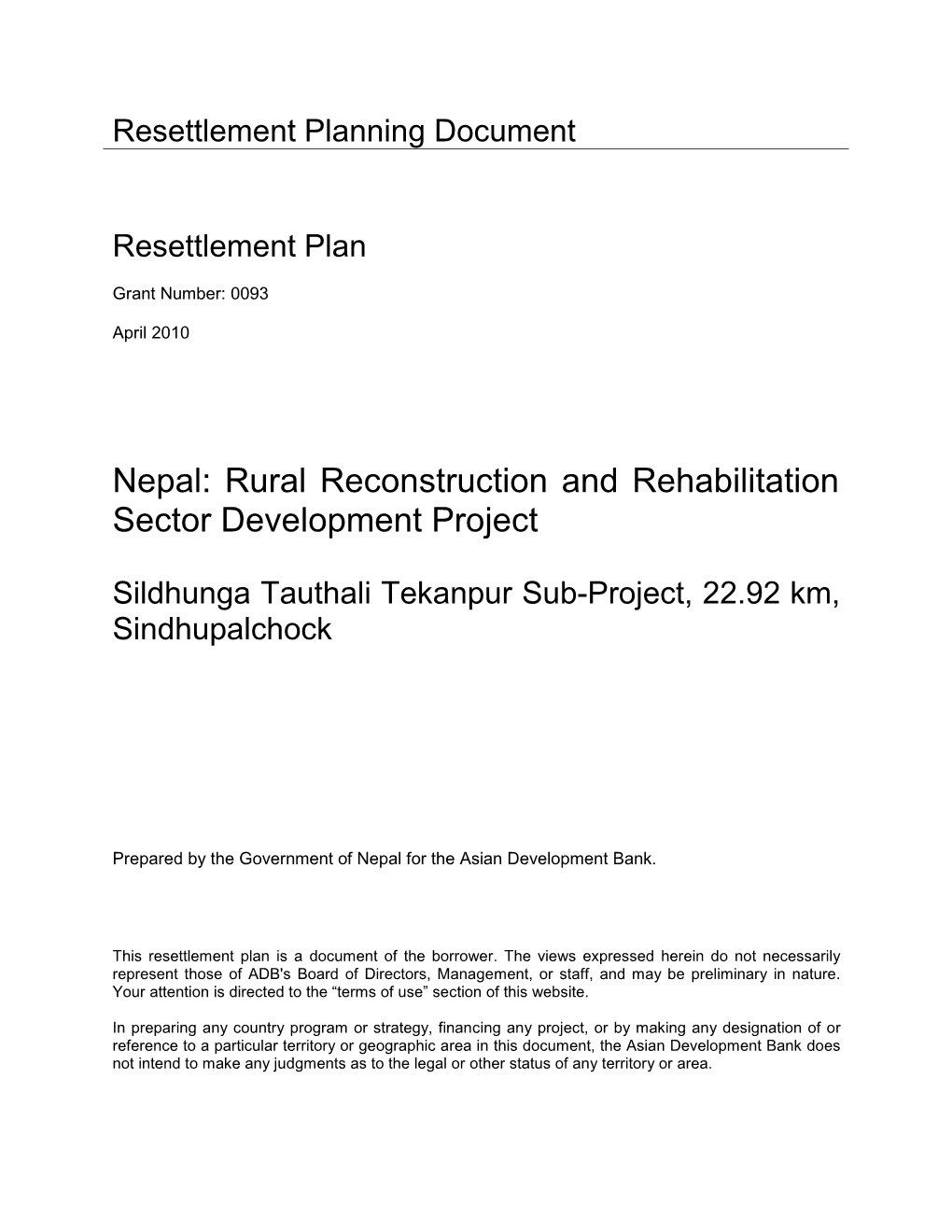 40554-022: Sildhunga Tauthali Tekanpur Sub-Project Resettlement Plan