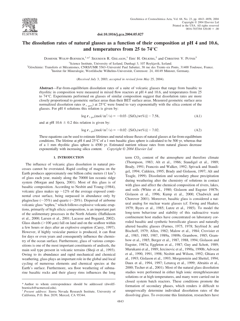 The Dissolution Rates of Natural Glasses As a Function of Their Composition at Ph 4 and 10.6, and Temperatures from 25 to 74°C