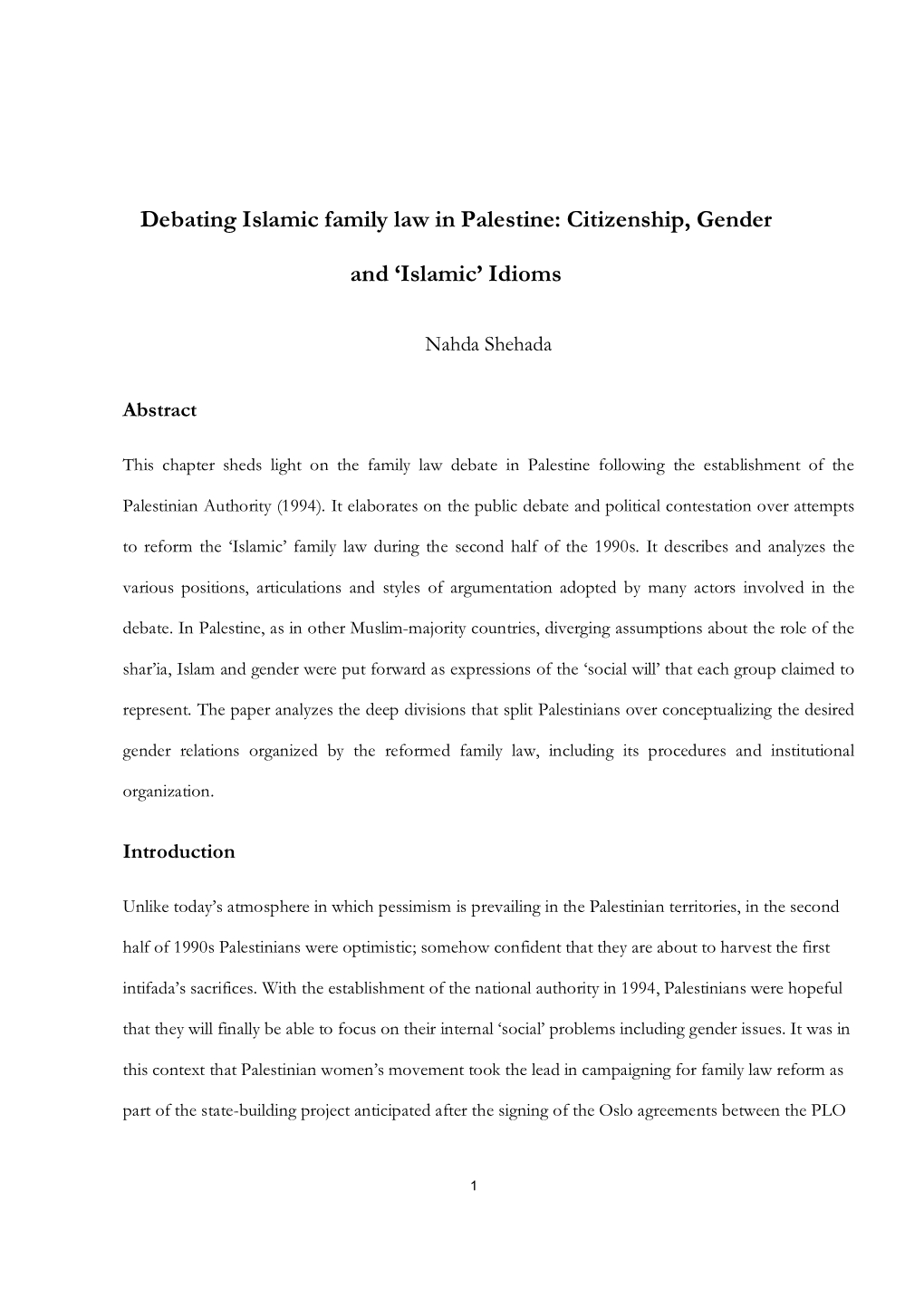 Debating Islamic Family Law in Palestine: Citizenship, Gender And