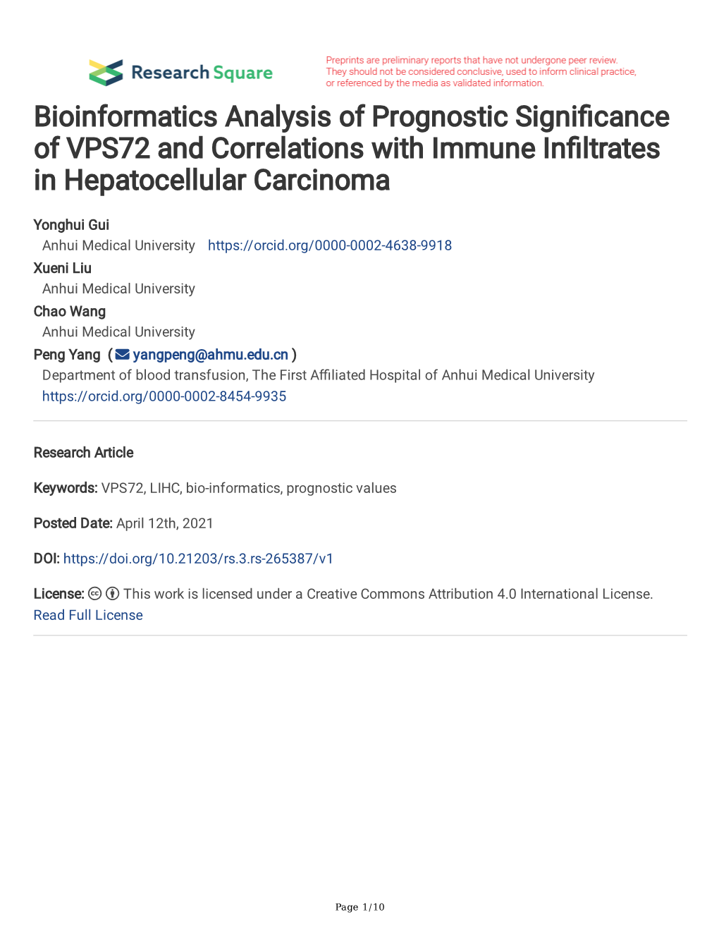 Bioinformatics Analysis of Prognostic Signi Cance of VPS72 and Correlations with Immune in Ltrates in Hepatocellular Carcinoma