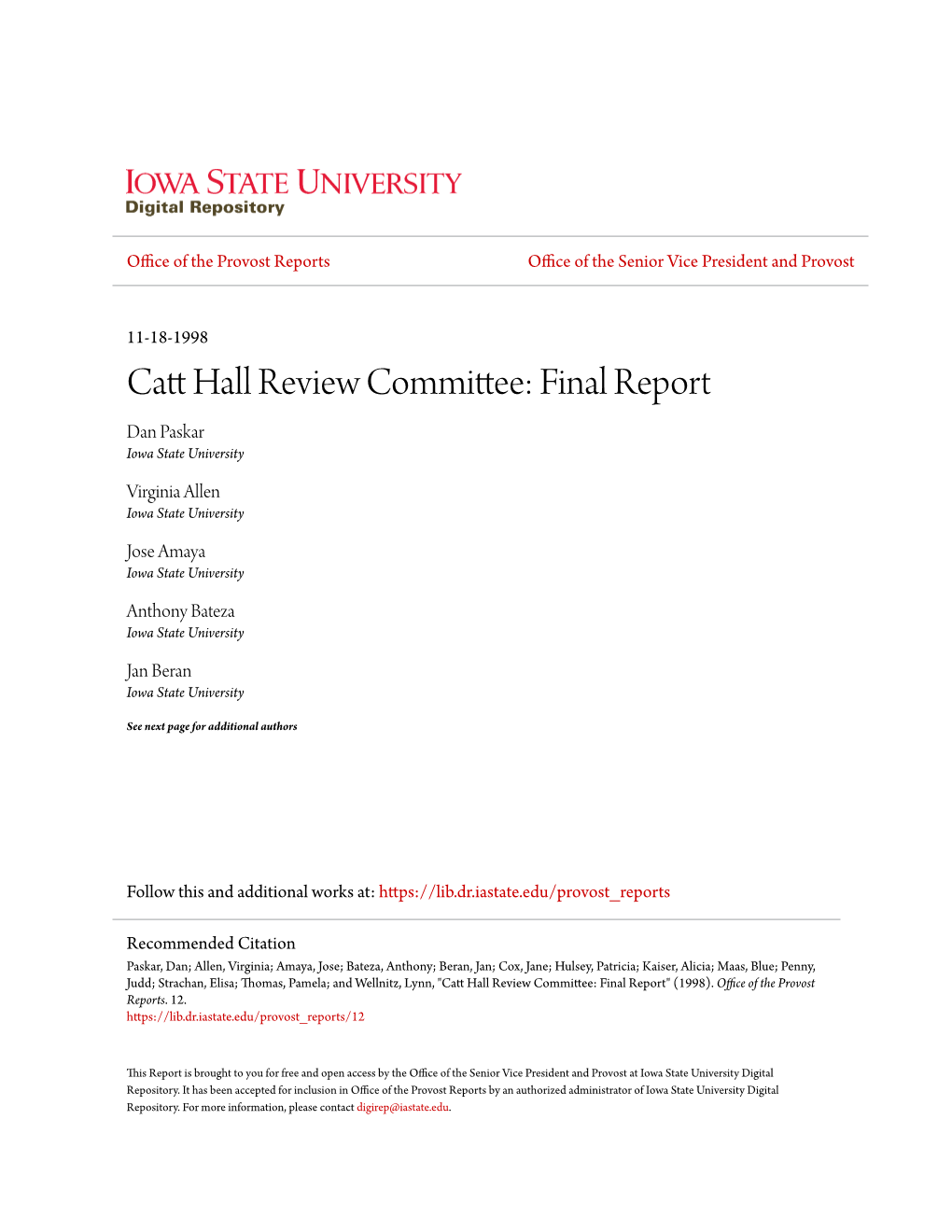 Catt Hall Review Committee: Final Report