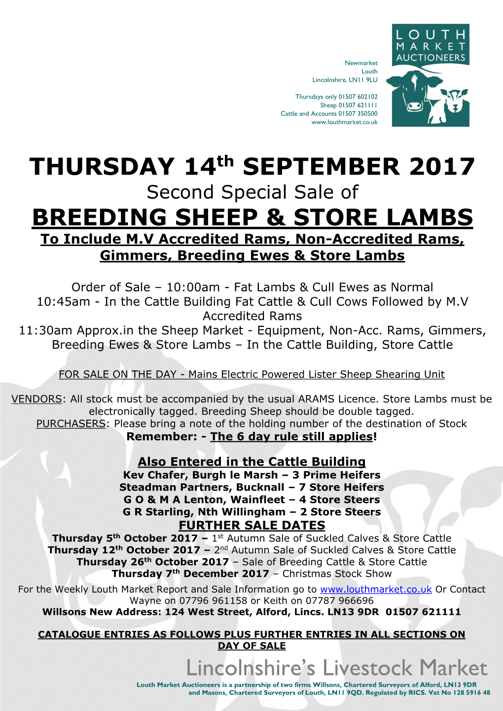Lincolnshire's Livestock Market THURSDAY 14Th SEPTEMBER 2017