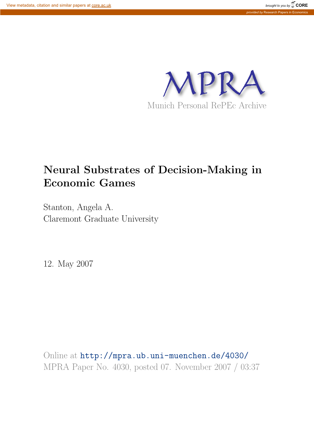 Neural Substrates of Decision-Making in Economic Games