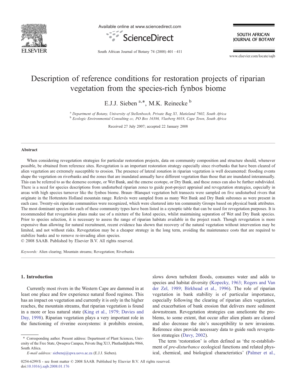 Description of Reference Conditions for Restoration Projects of Riparian Vegetation from the Species-Rich Fynbos Biome ⁎ E.J.J