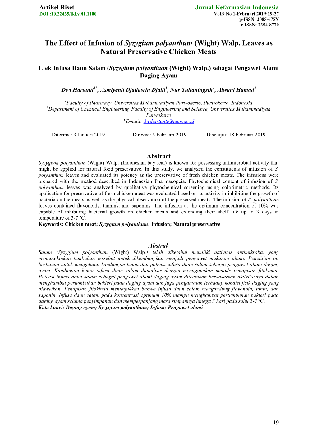 The Effect of Infusion of Syzygium Polyanthum (Wight) Walp