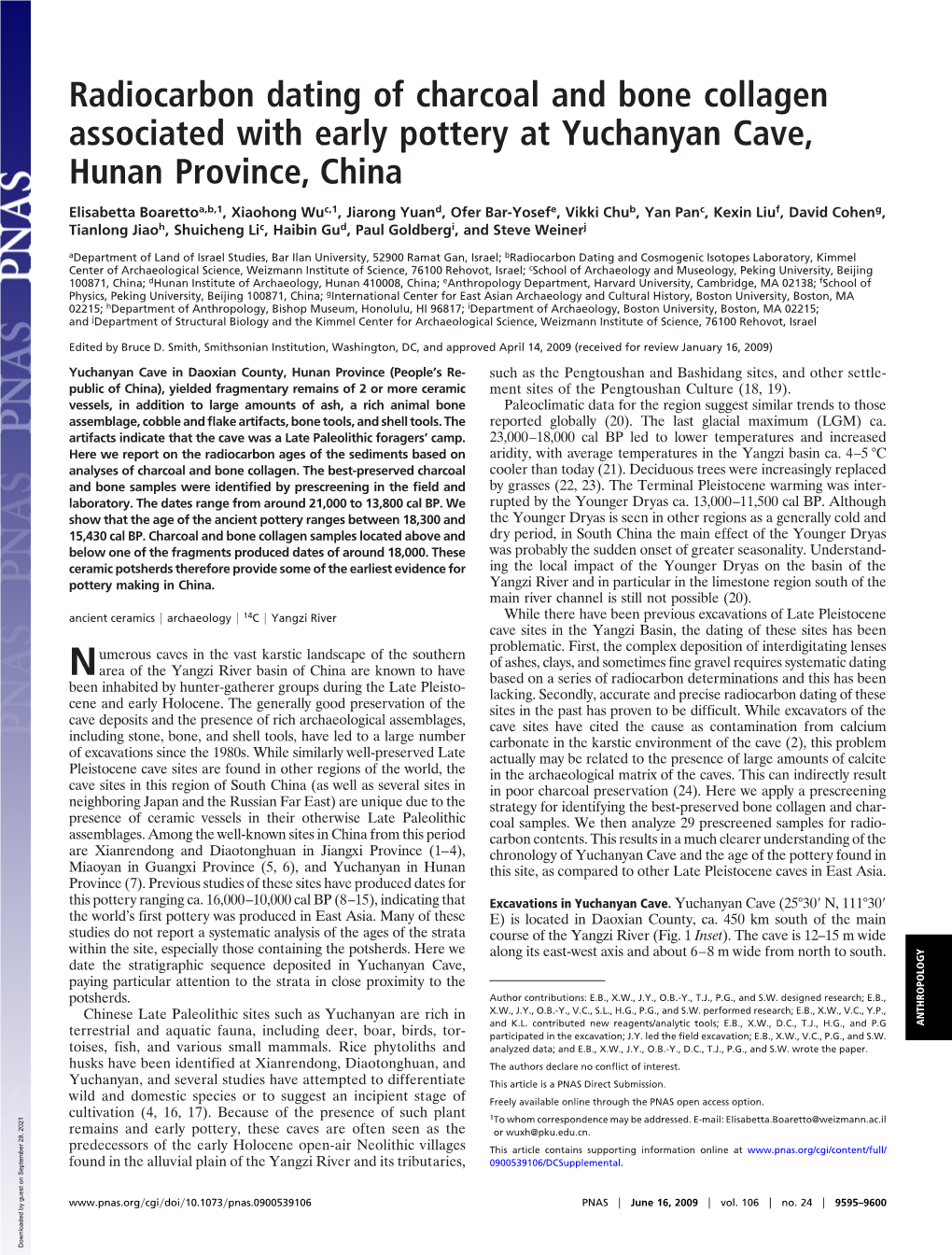 Radiocarbon Dating of Charcoal and Bone Collagen Associated with Early Pottery at Yuchanyan Cave, Hunan Province, China