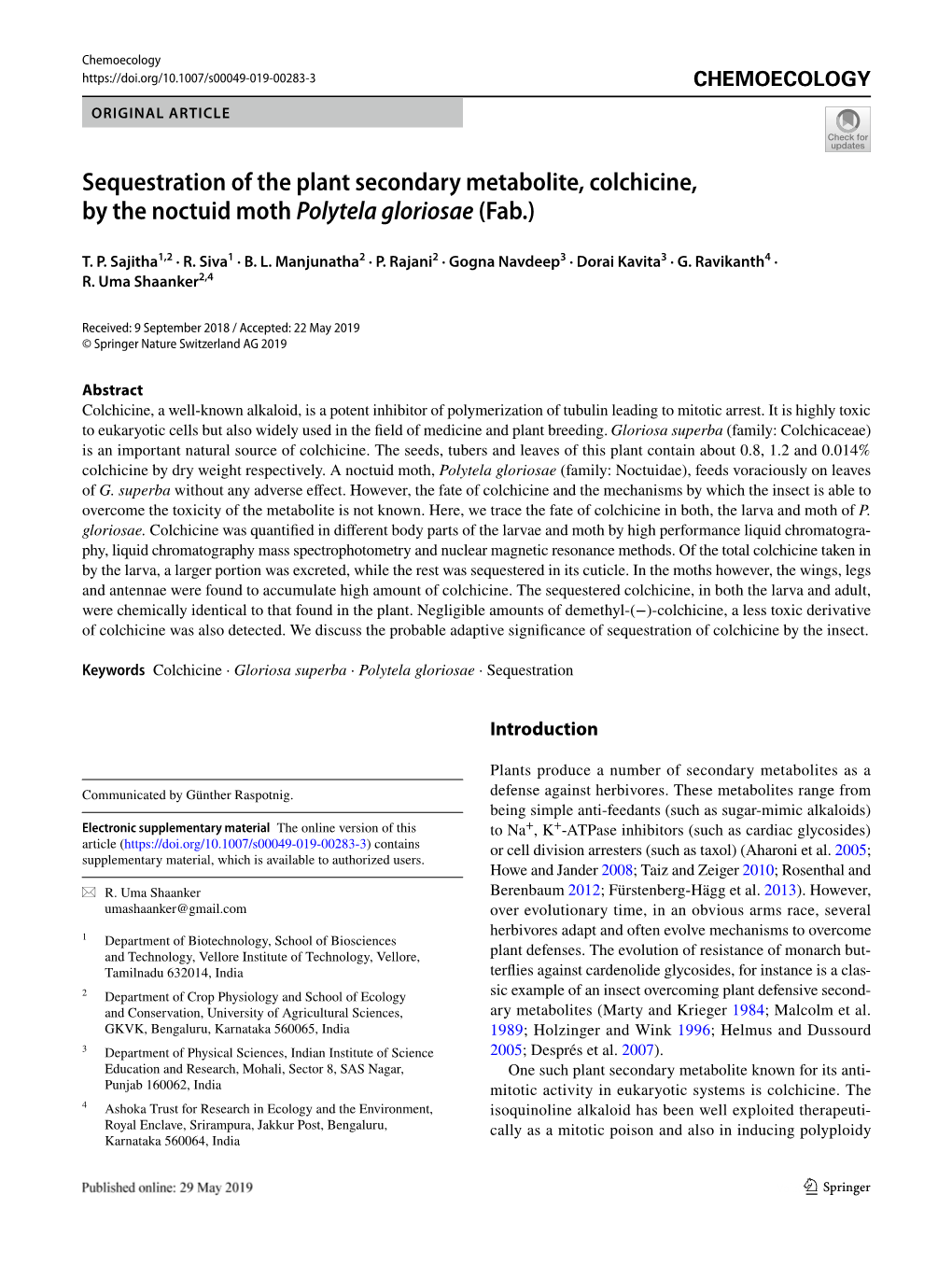 Sequestration of the Plant Secondary Metabolite, Colchicine, by the Noctuid Moth Polytela Gloriosae (Fab.)