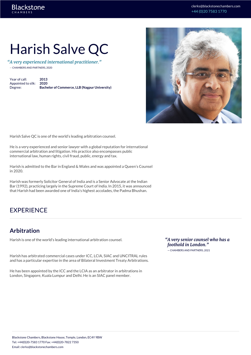 Harish Salve QC “A Very Experienced International Practitioner.” — CHAMBERS and PARTNERS, 2020