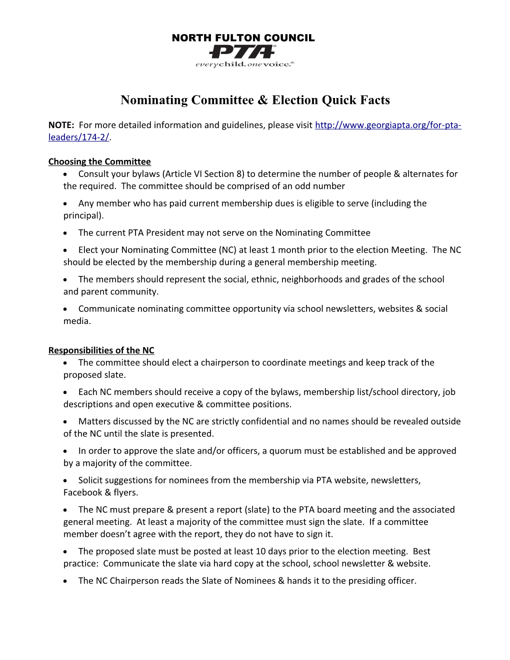 Nominating Committee & Election Quick Facts