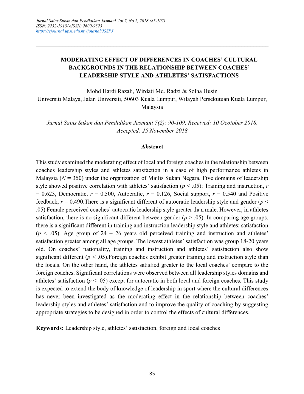 Moderating Effect of Differences in Coaches' Cu