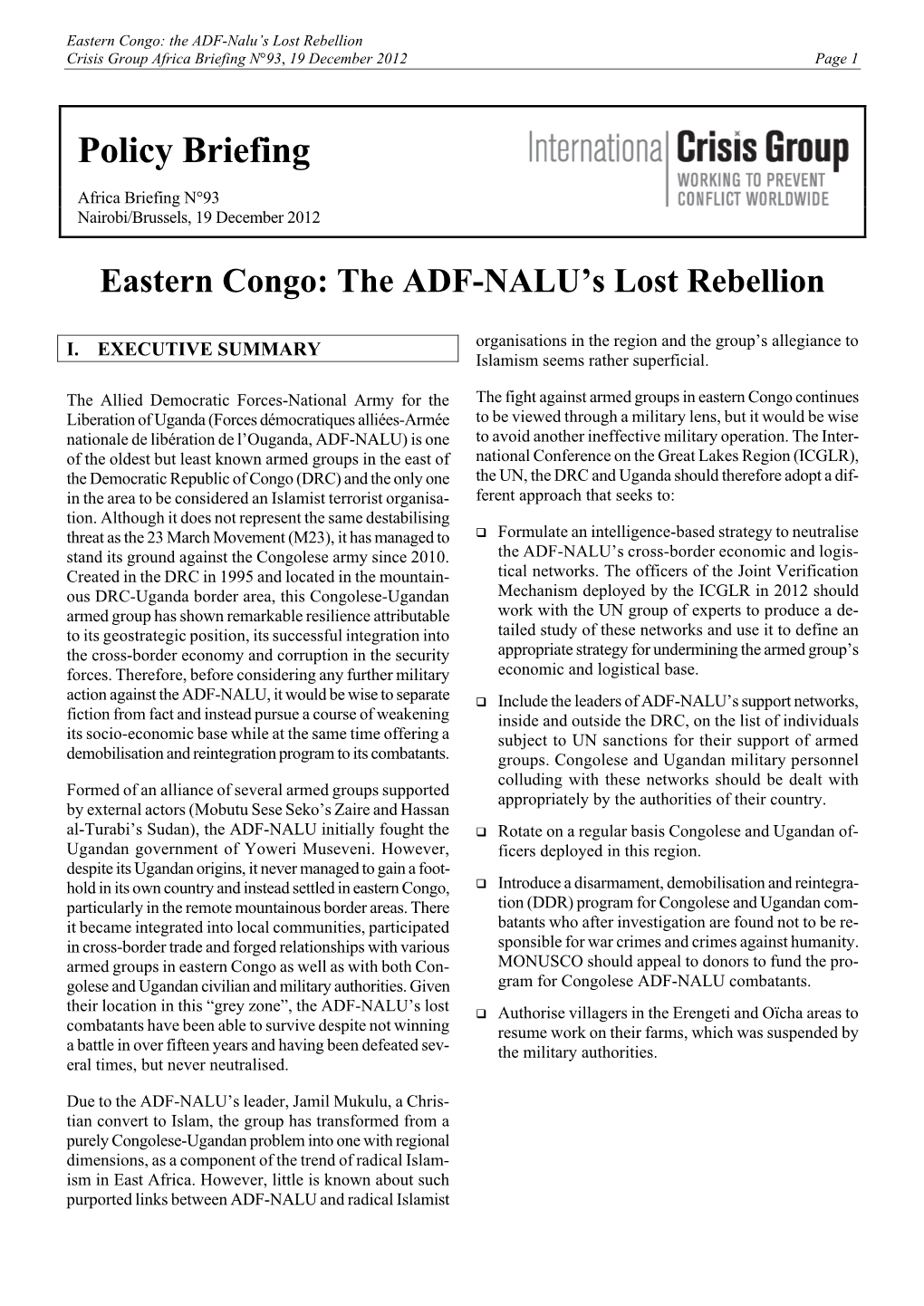 Eastern Congo: the ADF-NALU's Lost Rebellion