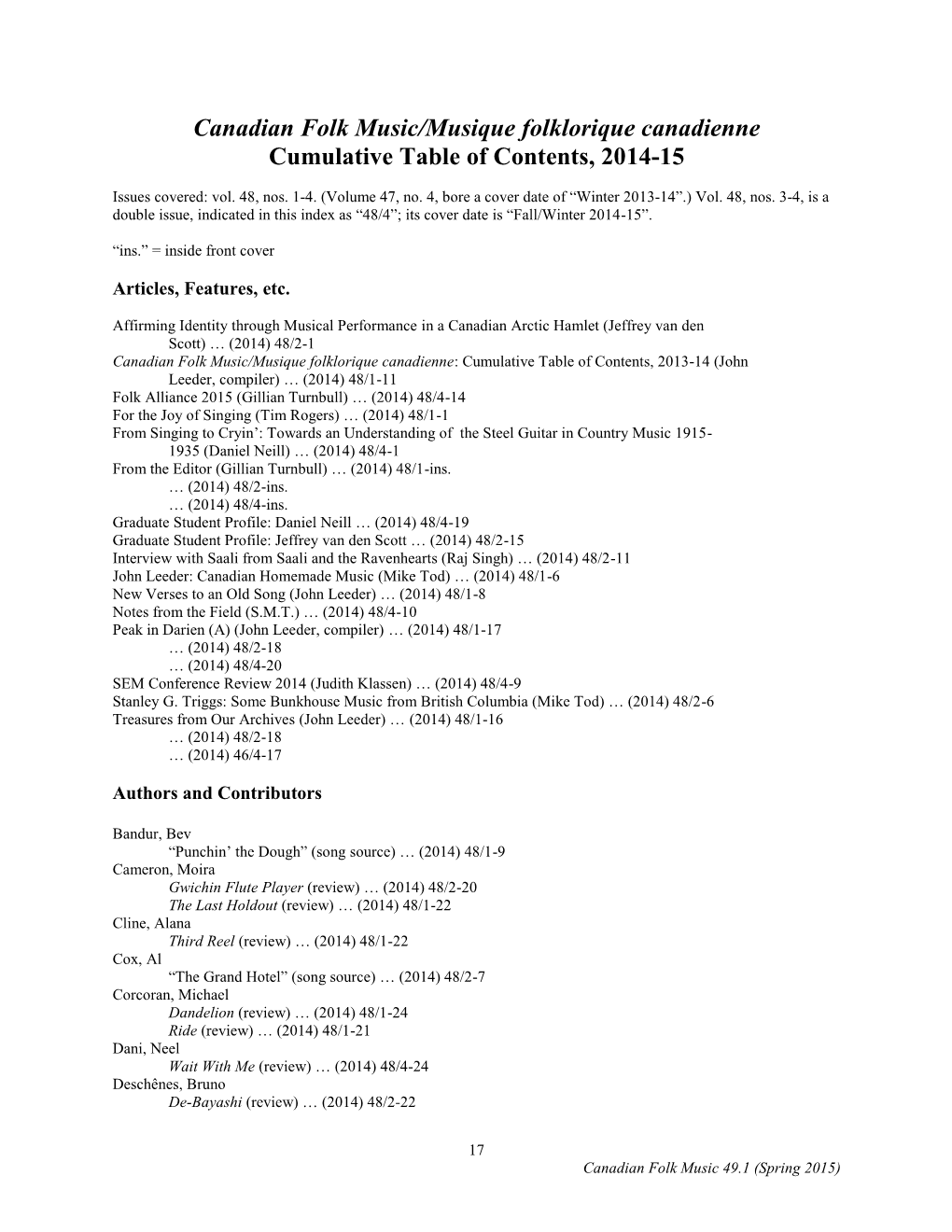 Canadian Folk Music/Musique Folklorique Canadienne Cumulative Table of Contents, 2014-15