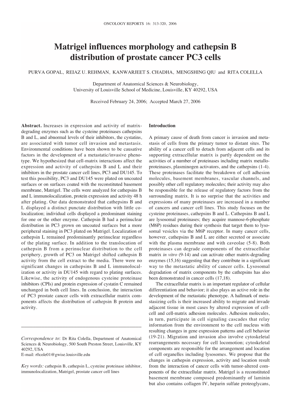 Matrigel Influences Morphology and Cathepsin B Distribution of Prostate Cancer PC3 Cells