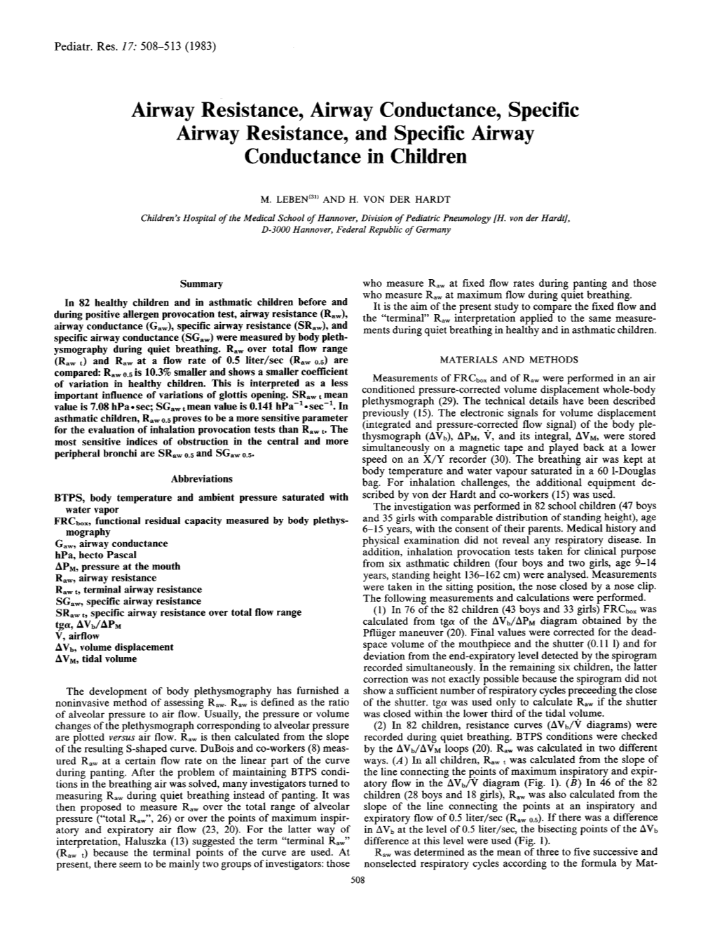 Airway Resistance, Airway Conductance, Specific Airway Resistance, and Specific Airway Conductance in Children