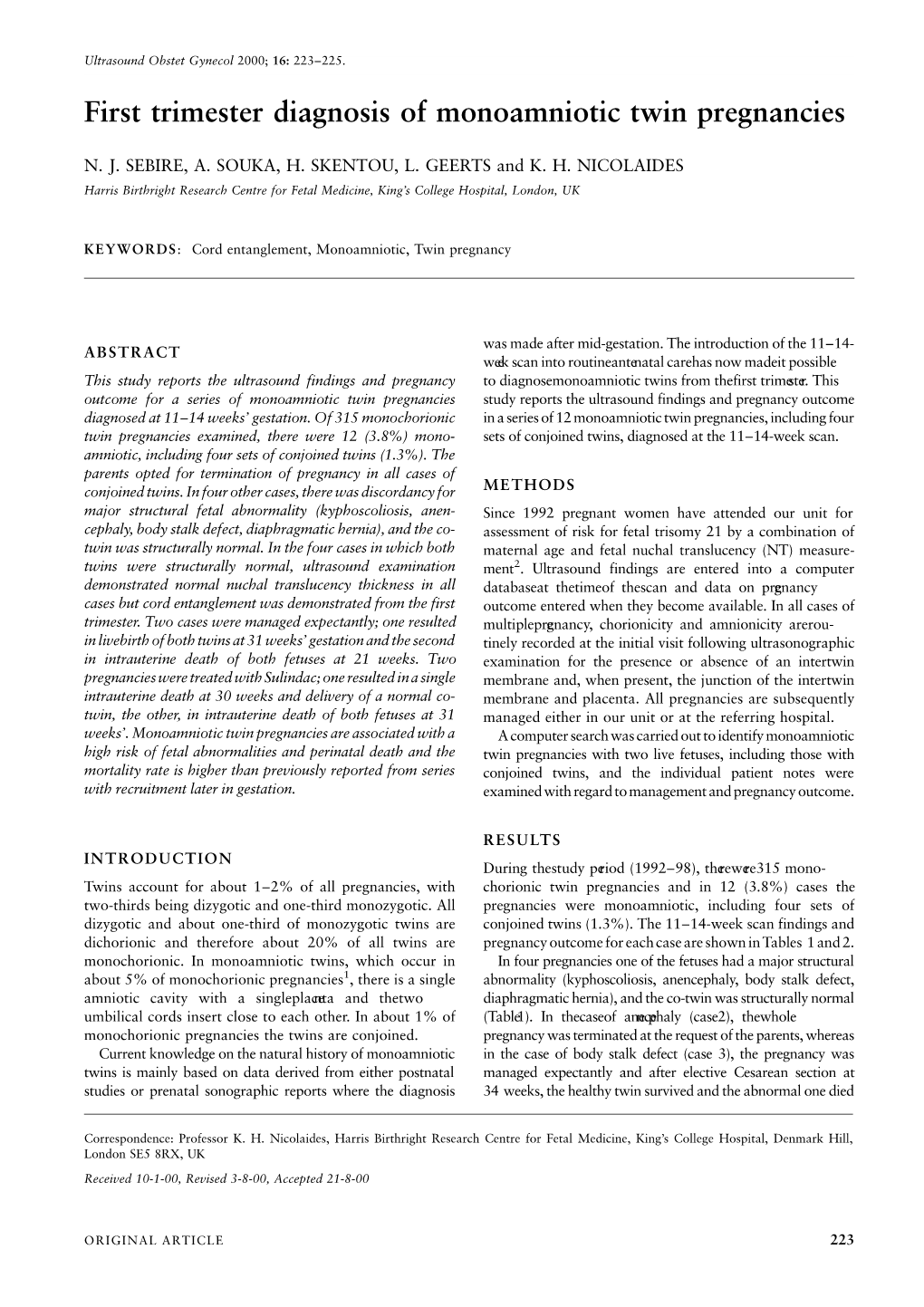 First Trimester Diagnosis of Monoamniotic Twin Pregnancies