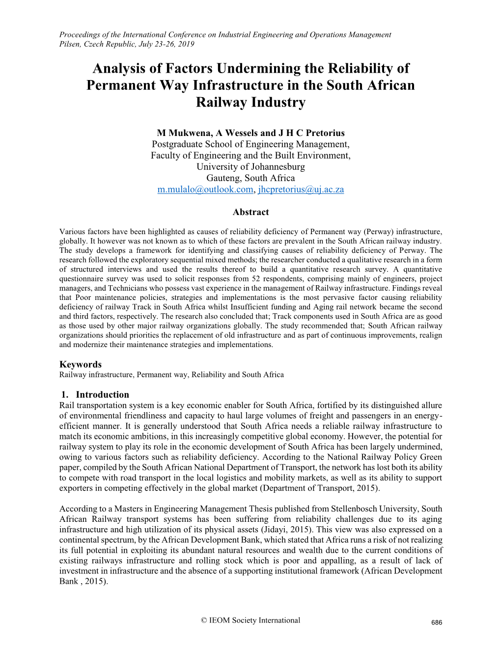 Analysis of Factors Undermining the Reliability of Permanent Way Infrastructure in the South African Railway Industry