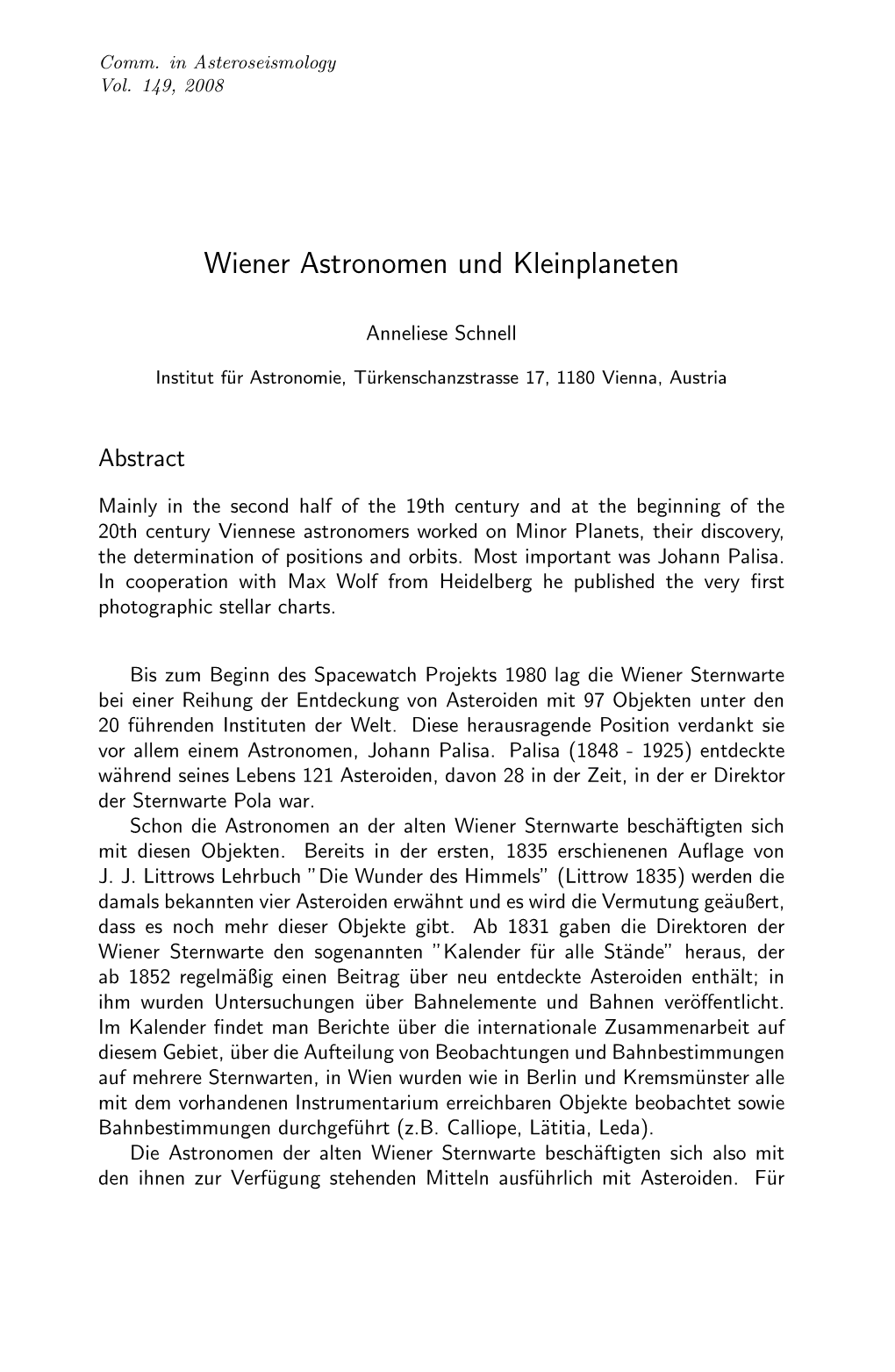 Wiener Astronomen Und Kleinplaneten