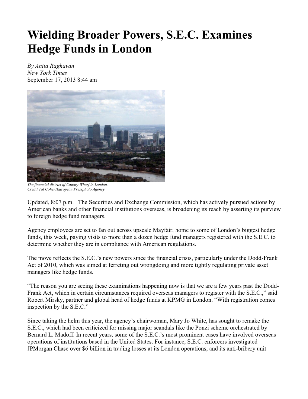 Wielding Broader Powers, S.E.C. Examines Hedge Funds in London