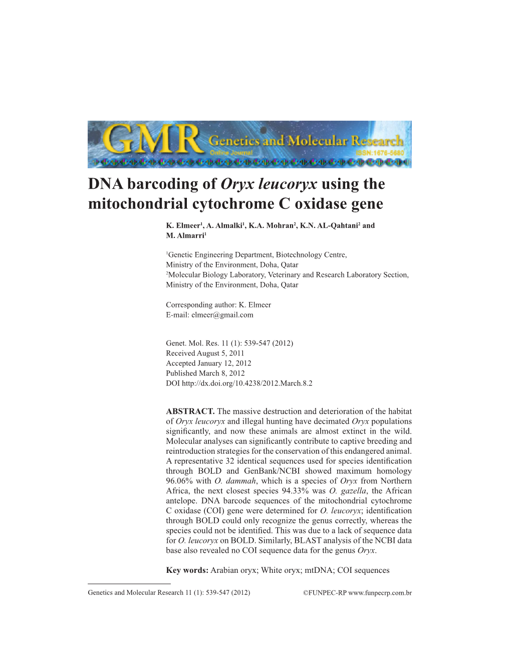 DNA Barcoding of Oryx Leucoryx Using the Mitochondrial Cytochrome C Oxidase Gene