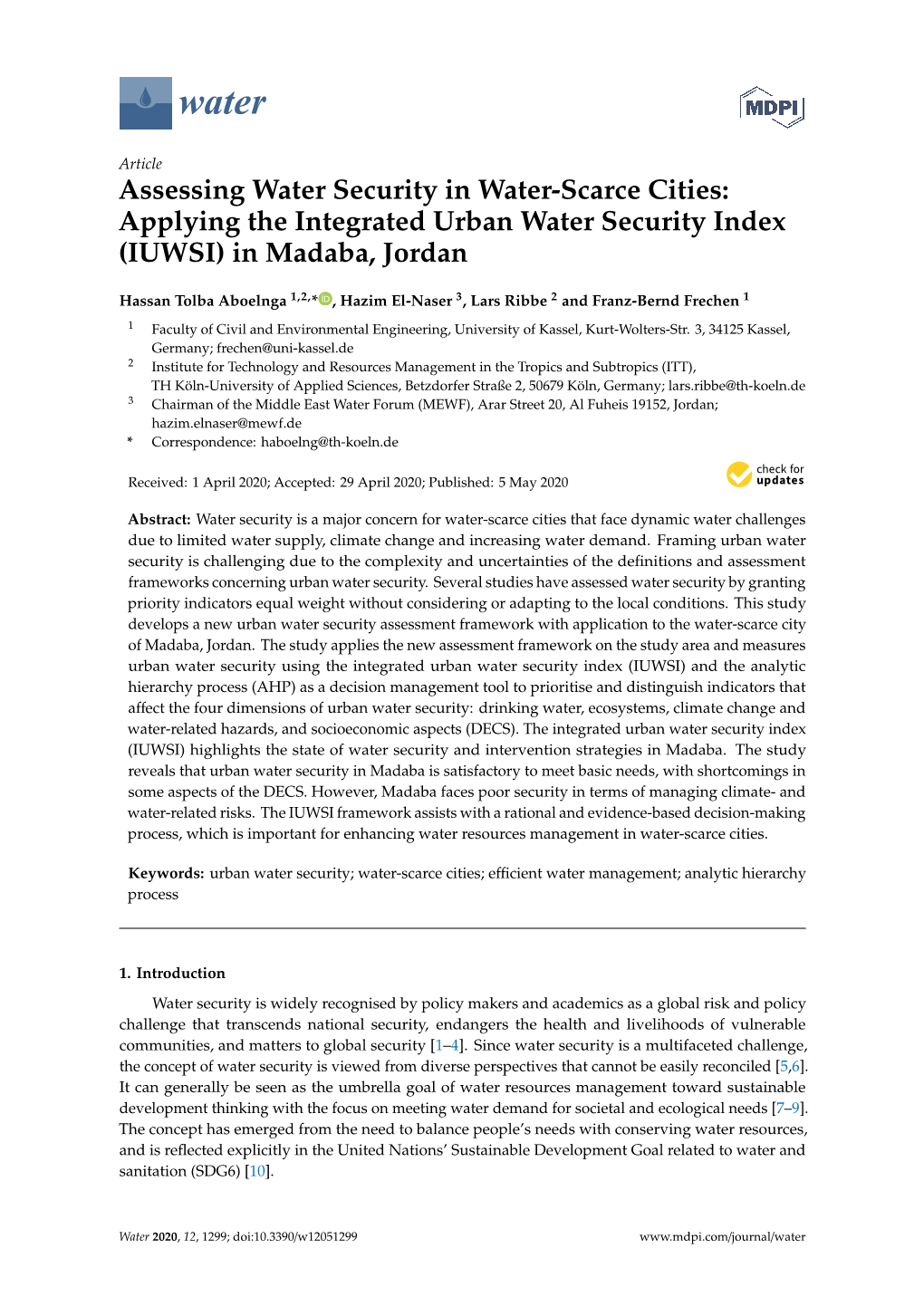Applying the Integrated Urban Water Security Index (IUWSI) in Madaba, Jordan