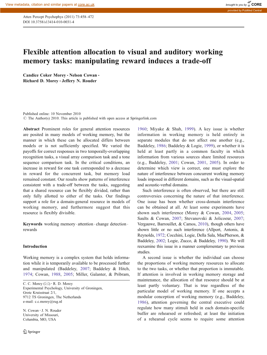 Flexible Attention Allocation to Visual and Auditory Working Memory Tasks: Manipulating Reward Induces a Trade-Off