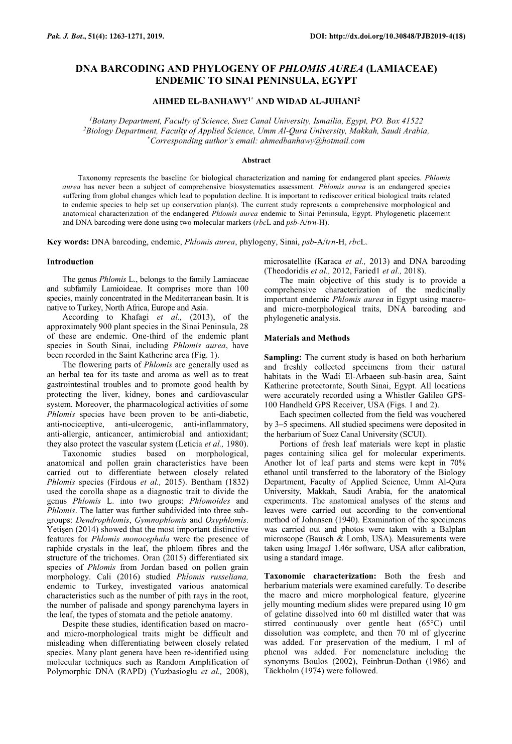 Dna Barcoding and Phylogeny of Phlomis Aurea (Lamiaceae) Endemic to Sinai Peninsula, Egypt