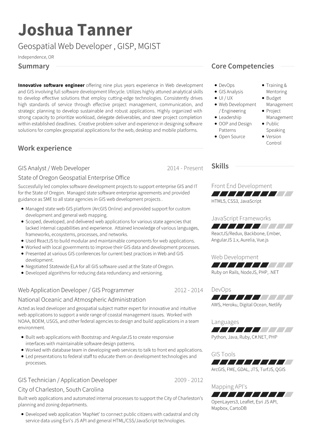 Joshua Tanner Geospatial Web Developer , GISP, MGIST Independence, OR Summary Core Competencies