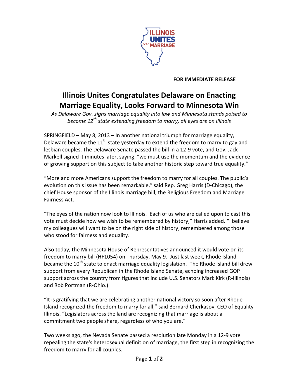Illinois Unites Congratulates Delaware on Enacting Marriage Equality, Looks Forward to Minnesota Win As Delaware Gov