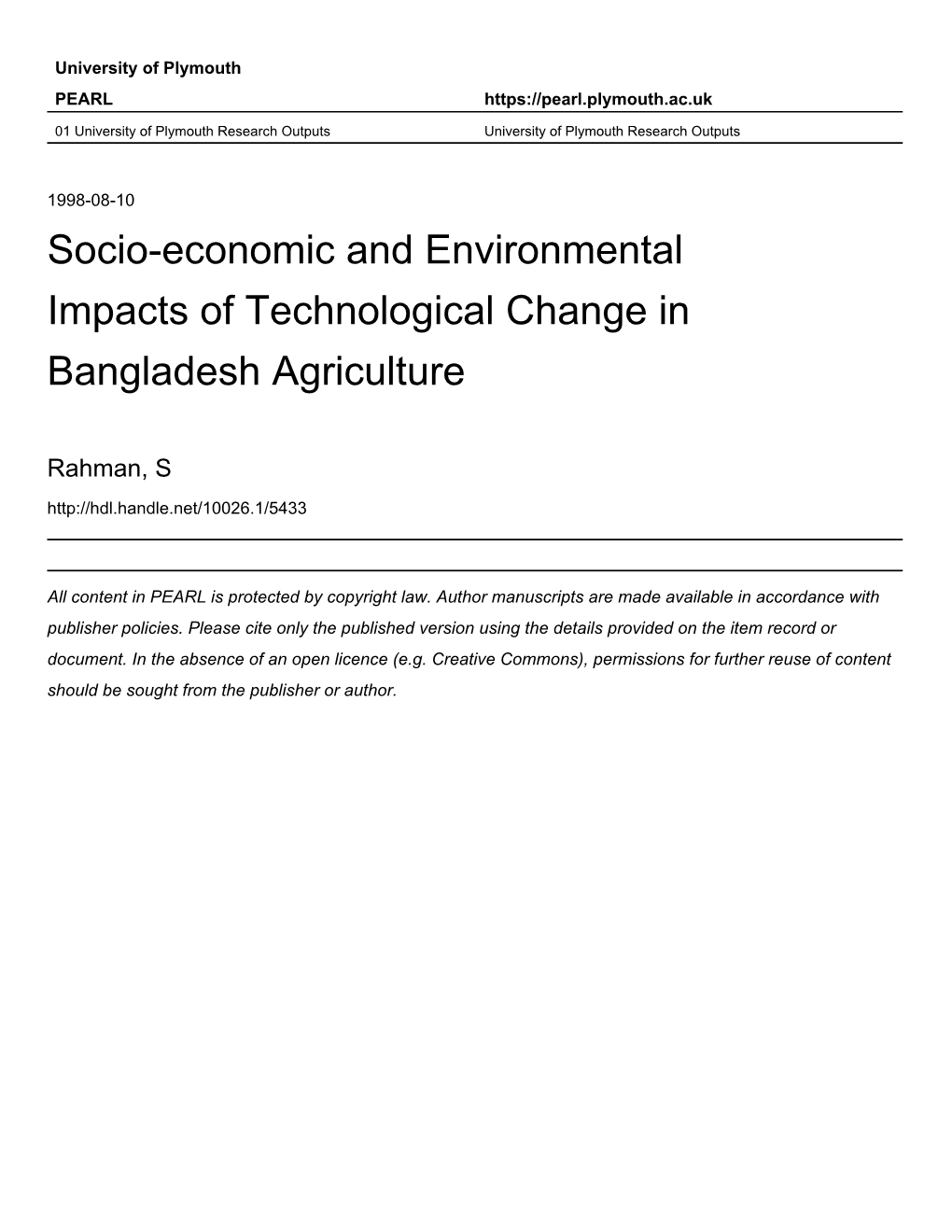 Socio-Economic and Environmental Impacts of Technological Change in Bangladesh Agriculture
