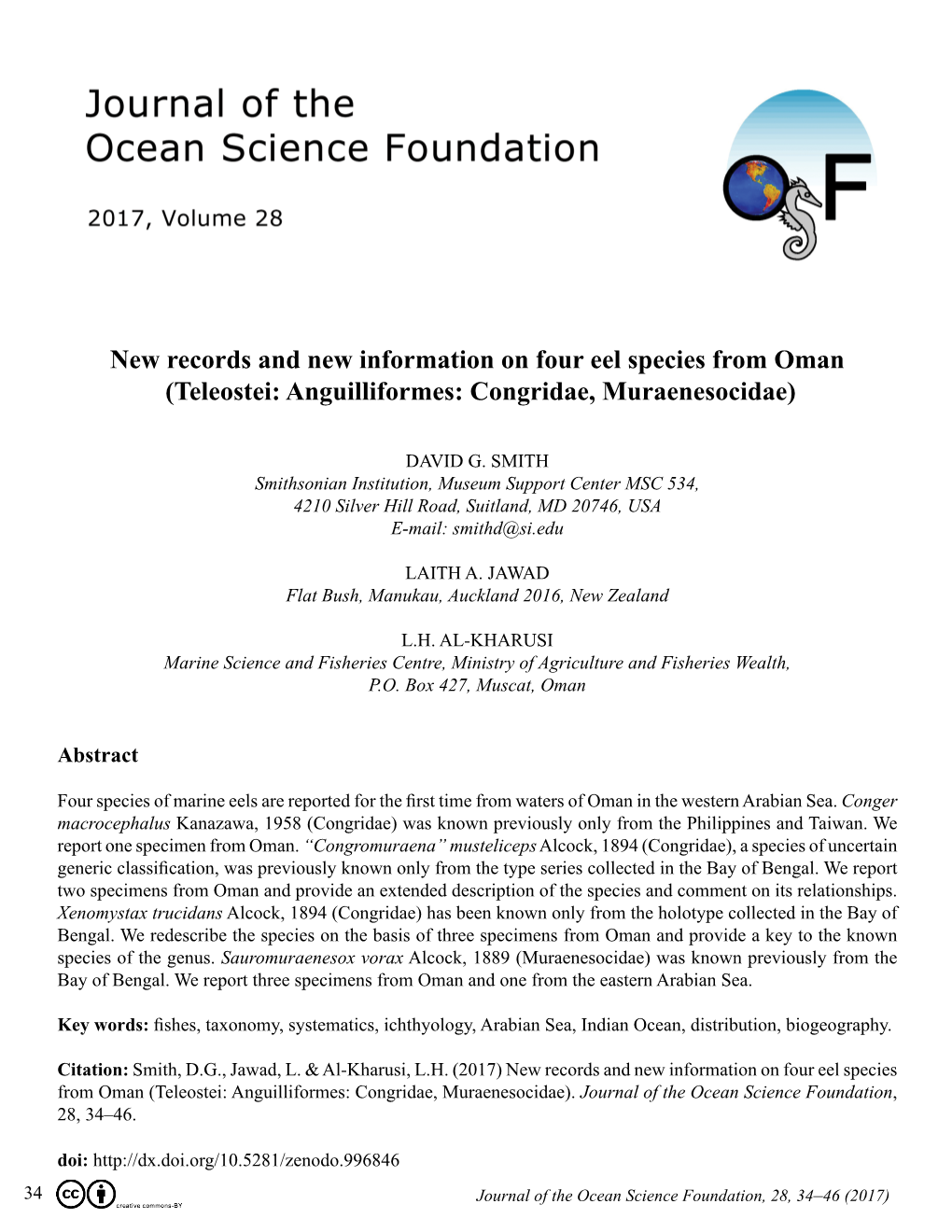 New Records and New Information on Four Eel Species from Oman (Teleostei: Anguilliformes: Congridae, Muraenesocidae)