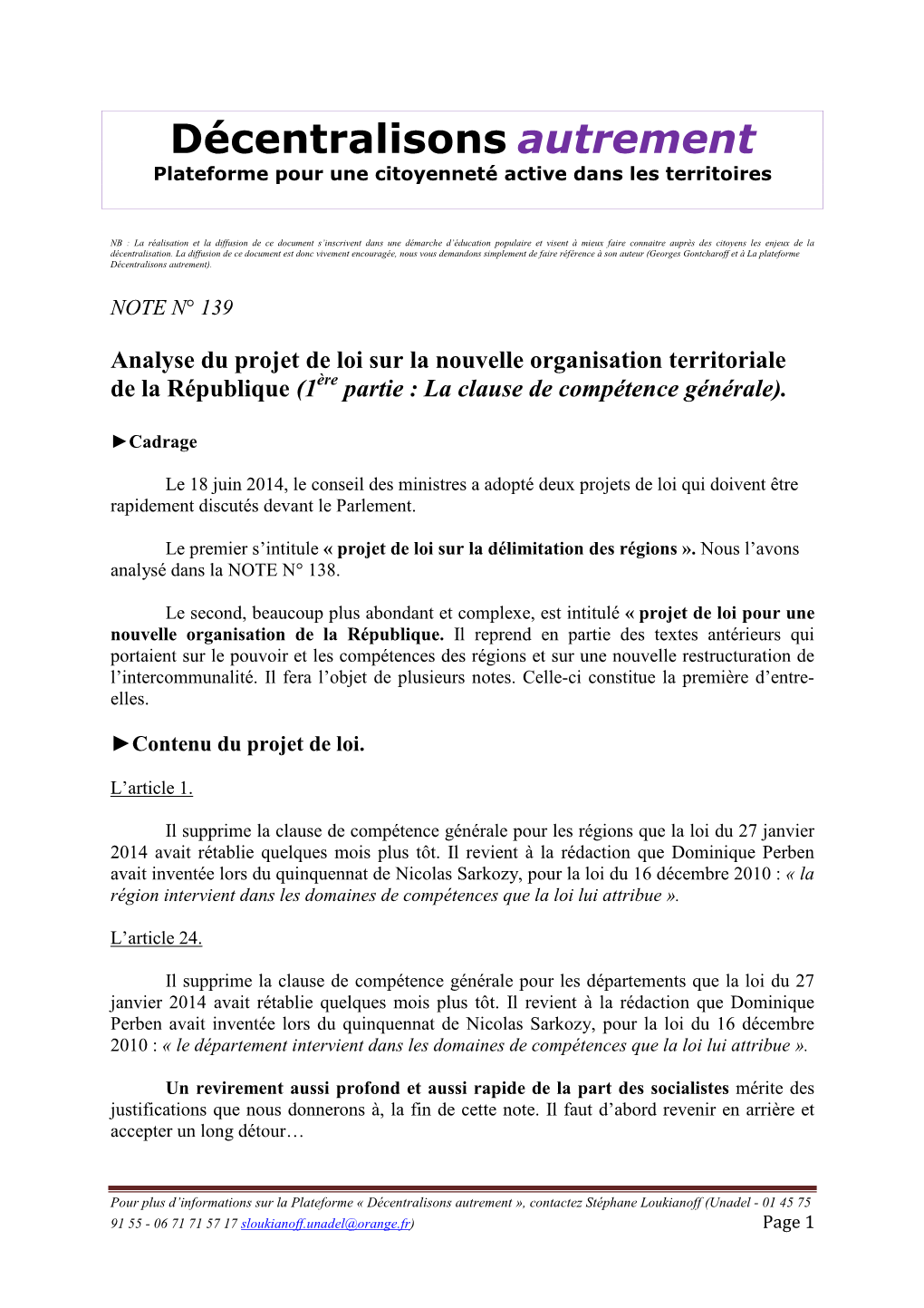 Note N° 139 Sur La Loi Portant Nouvelle Organisation Territoriale De La