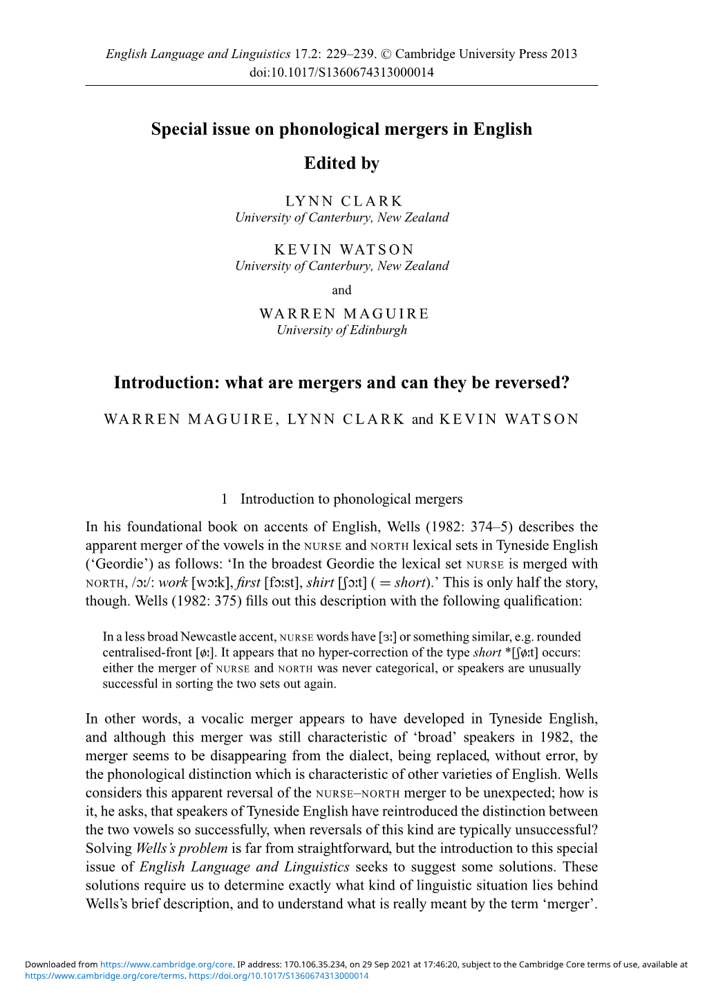 Special Issue on Phonological Mergers in English Edited By